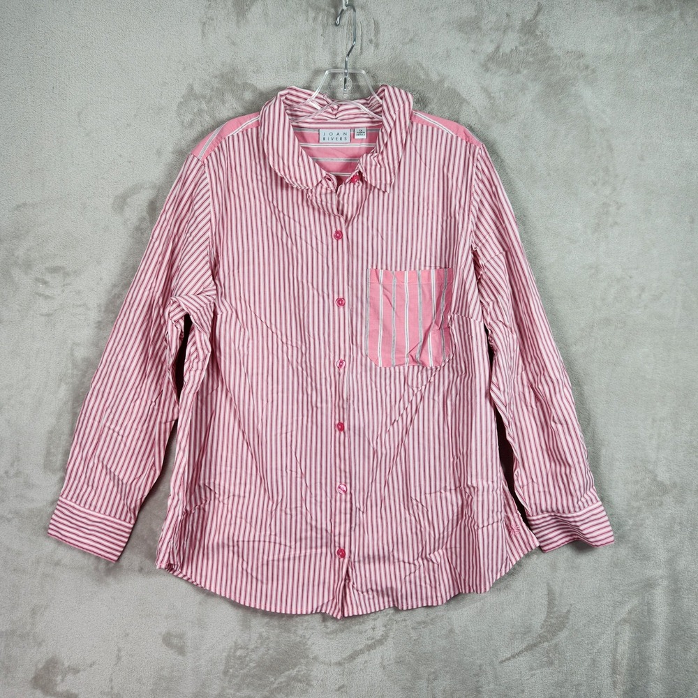 Joan Rivers Plus 1X Peony Stretch Cotton Button Front Mixed Stripe Shirt A688946
